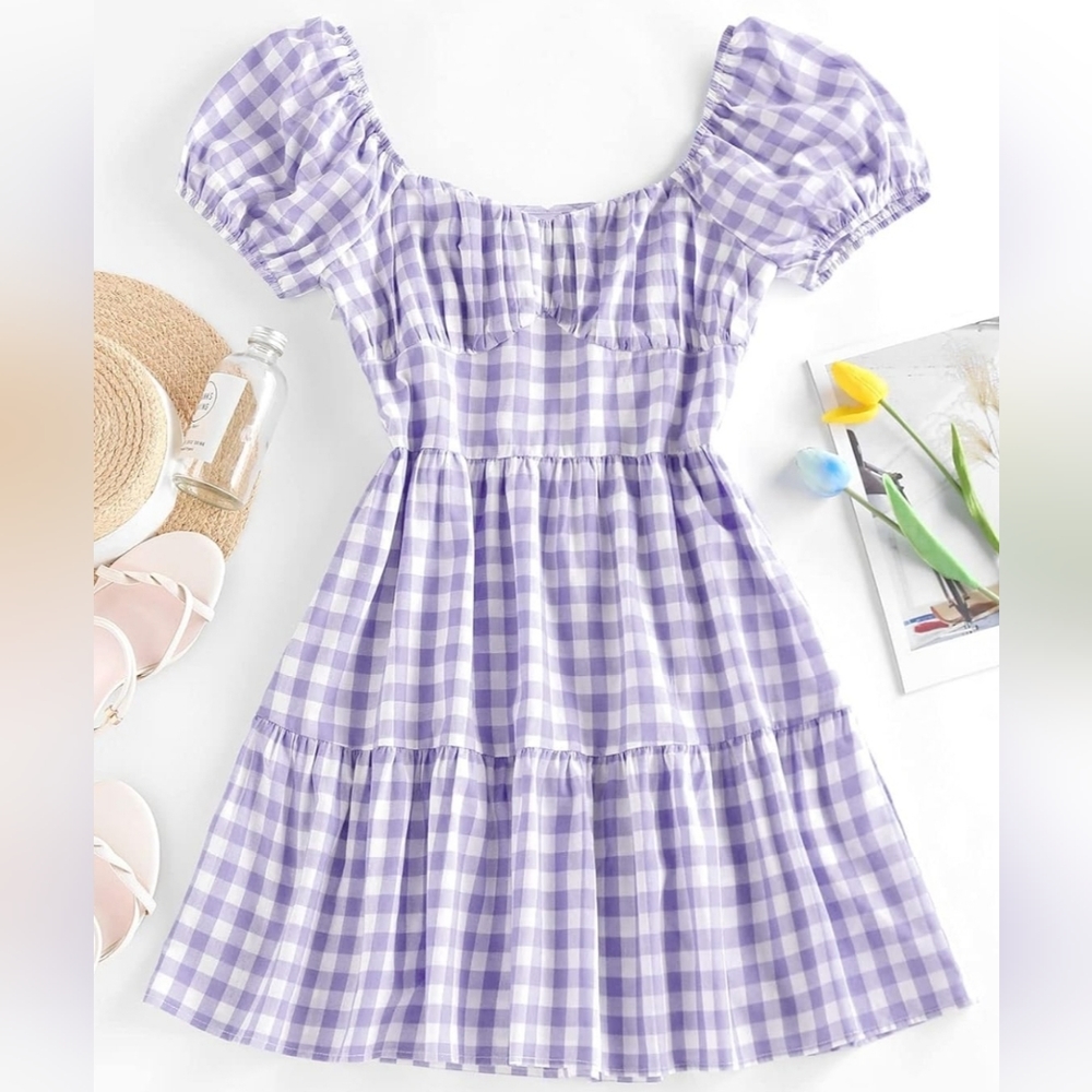 Women's Casual Plaid Mini Dress Scoop Neck Short Puff Sleeve Sundress